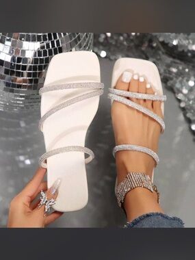 Women's White Rhinestone Strap Slide Sandals